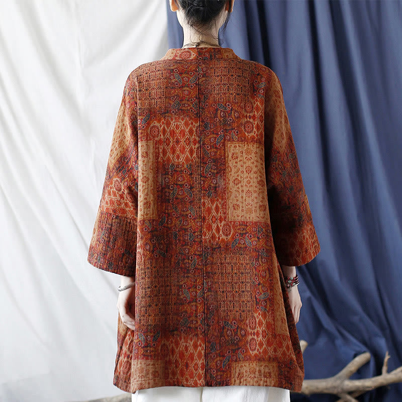 Buddha Stones Orange Flower Geometry Print Cotton Open Front Jacket With Pockets - image 3