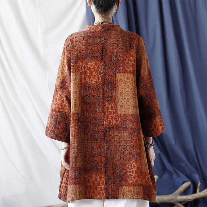 Buddha Stones Orange Flower Geometry Print Cotton Open Front Jacket With Pockets - image 3