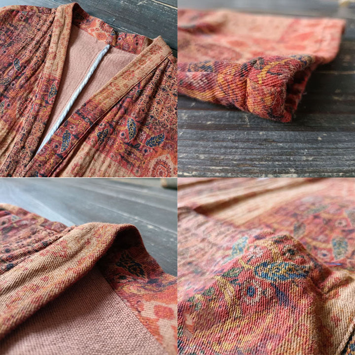 Buddha Stones Orange Flower Geometry Print Cotton Open Front Jacket With Pockets - image 7