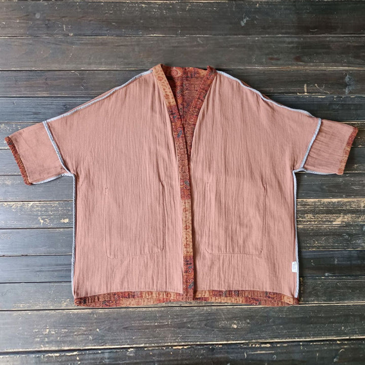 Buddha Stones Orange Flower Geometry Print Cotton Open Front Jacket With Pockets - image 16