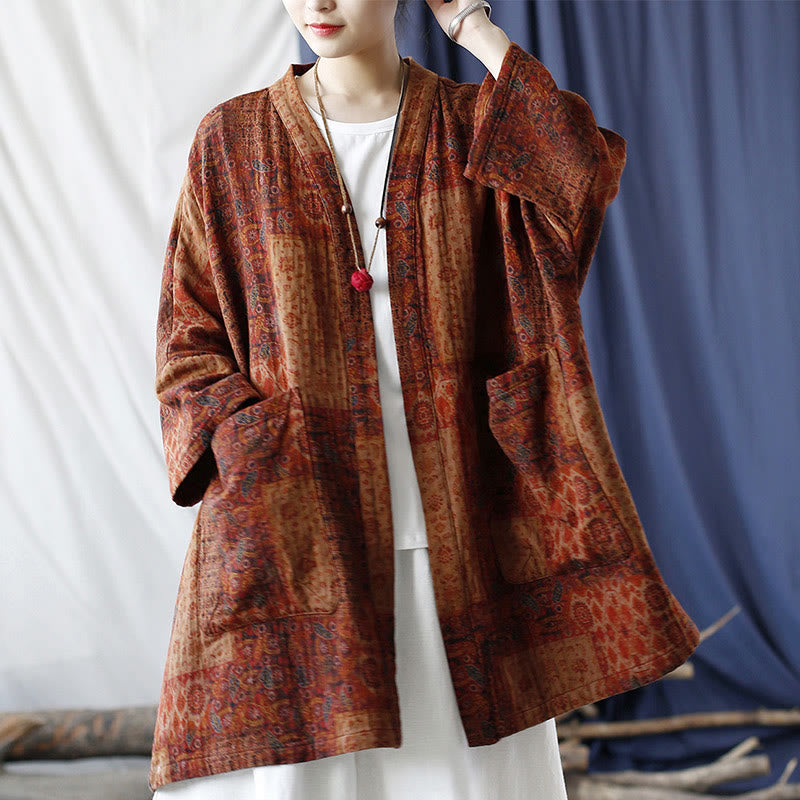 Buddha Stones Orange Flower Geometry Print Cotton Open Front Jacket With Pockets - image 26