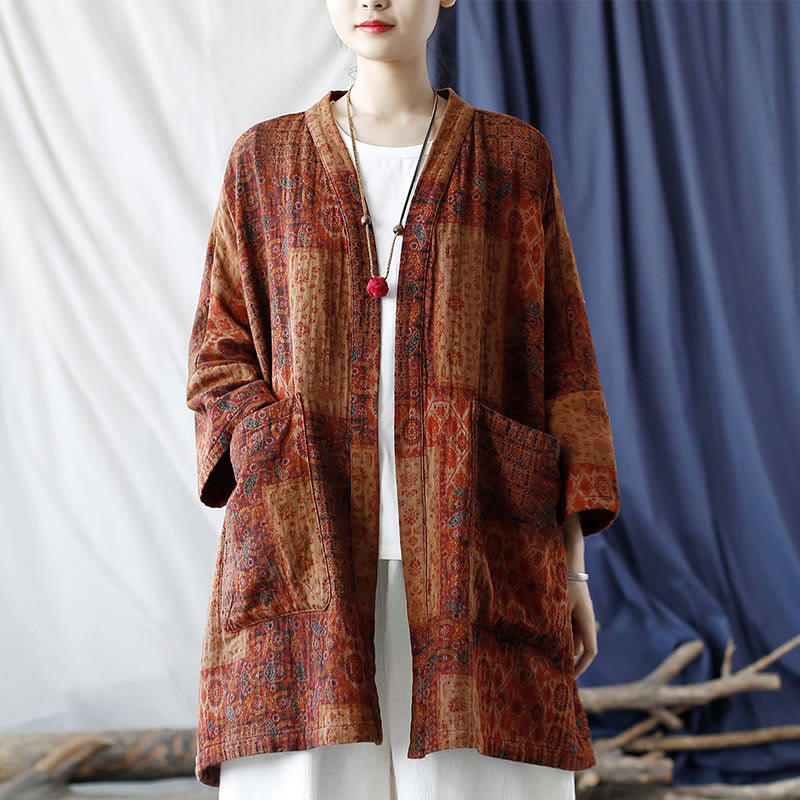 Buddha Stones Orange Flower Geometry Print Cotton Open Front Jacket With Pockets - image 23