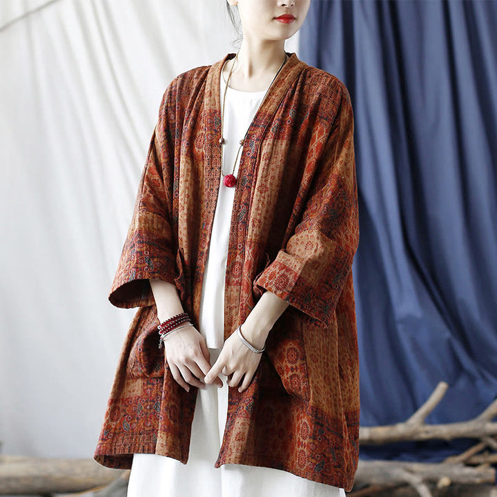 Buddha Stones Orange Flower Geometry Print Cotton Open Front Jacket With Pockets - image 24