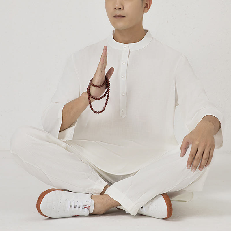 Buddha Stones 2Pcs Buttons Men's Three Quarter Sleeve Shirt Top Pants Meditation Zen Tai Chi Cotton Linen Clothing Set - White(Top&Pants) - US/UK/AU40,EU50 (2XL) - image 0