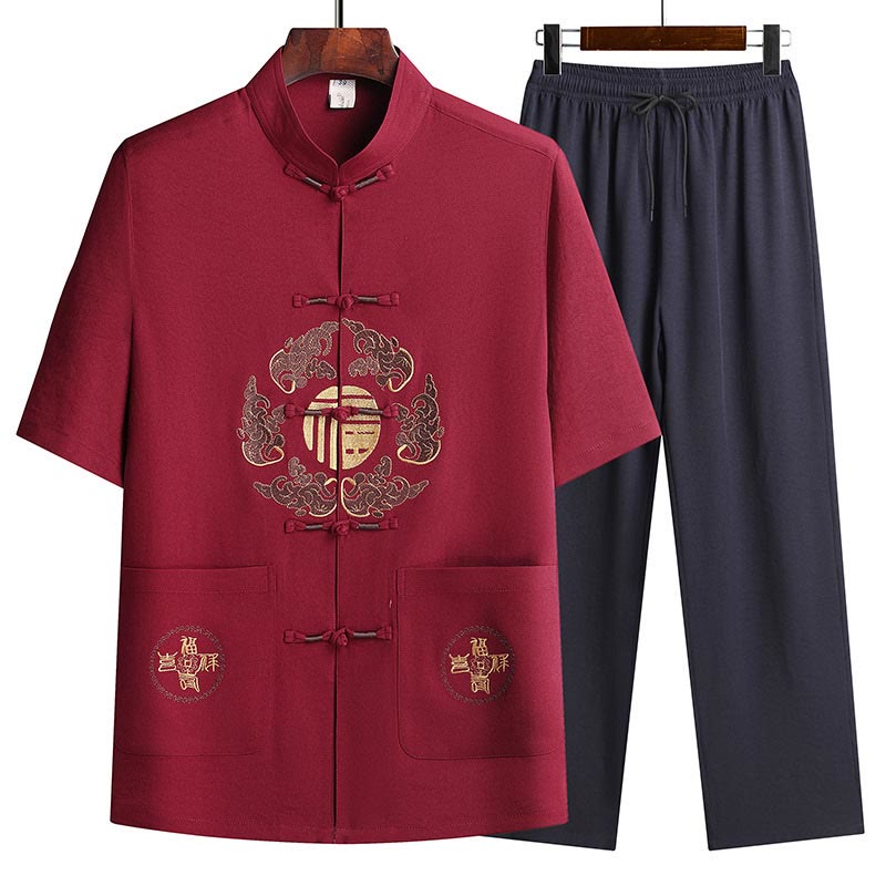 Buddha Stones Fu Character Tang Suit Hanfu Traditional Uniform Short Sleeve Top Pants Clothing Men's Set - Red(Top&Pants) - US/UK/AU42,EU52 (3XL)  - image 21