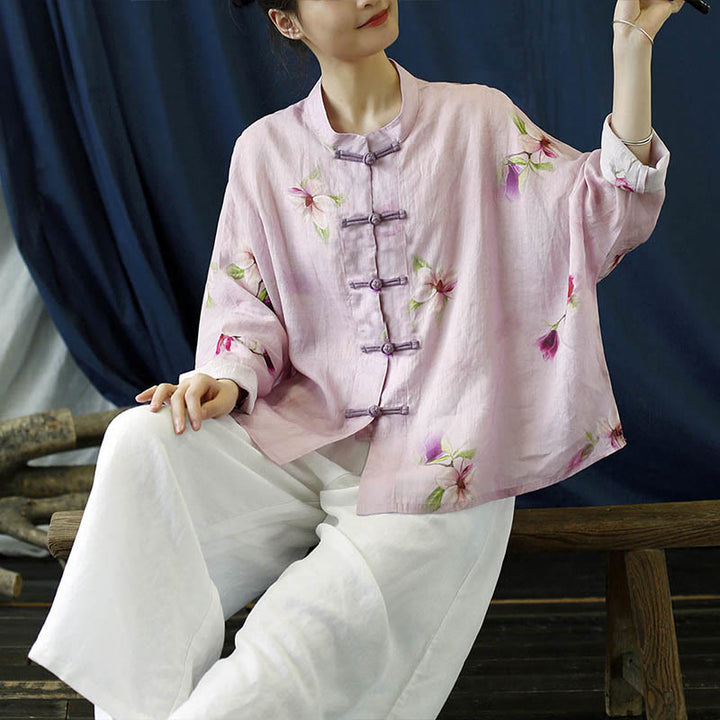 Buddha Stones Pink Flower Print Frog-button Design Batwing Long Sleeve Ramie Linen Jacket Shirt - image 15