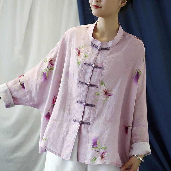 Buddha Stones Pink Flower Print Frog-button Design Batwing Long Sleeve Ramie Linen Jacket Shirt - image 1
