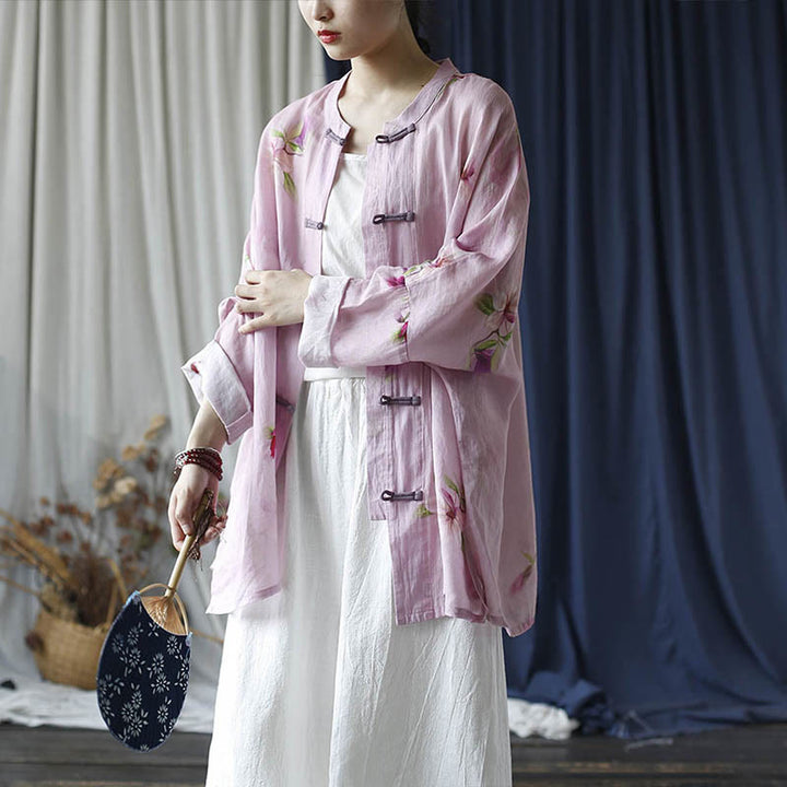 Buddha Stones Pink Flower Print Frog-button Design Batwing Long Sleeve Ramie Linen Jacket Shirt - image 24