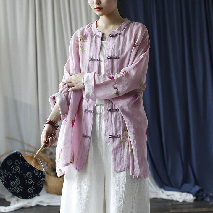 Buddha Stones Pink Flower Print Frog-button Design Batwing Long Sleeve Ramie Linen Jacket Shirt - image 26