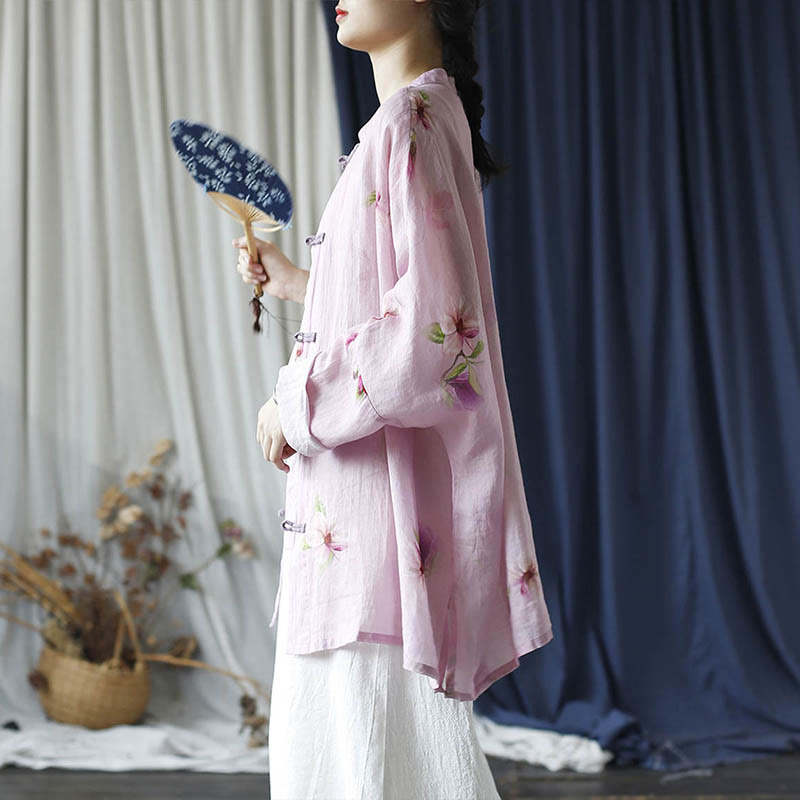 Buddha Stones Pink Flower Print Frog-button Design Batwing Long Sleeve Ramie Linen Jacket Shirt - image 21