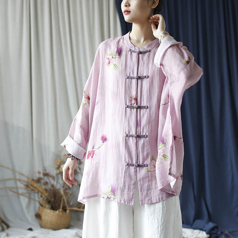 Buddha Stones Pink Flower Print Frog-button Design Batwing Long Sleeve Ramie Linen Jacket Shirt - image 20
