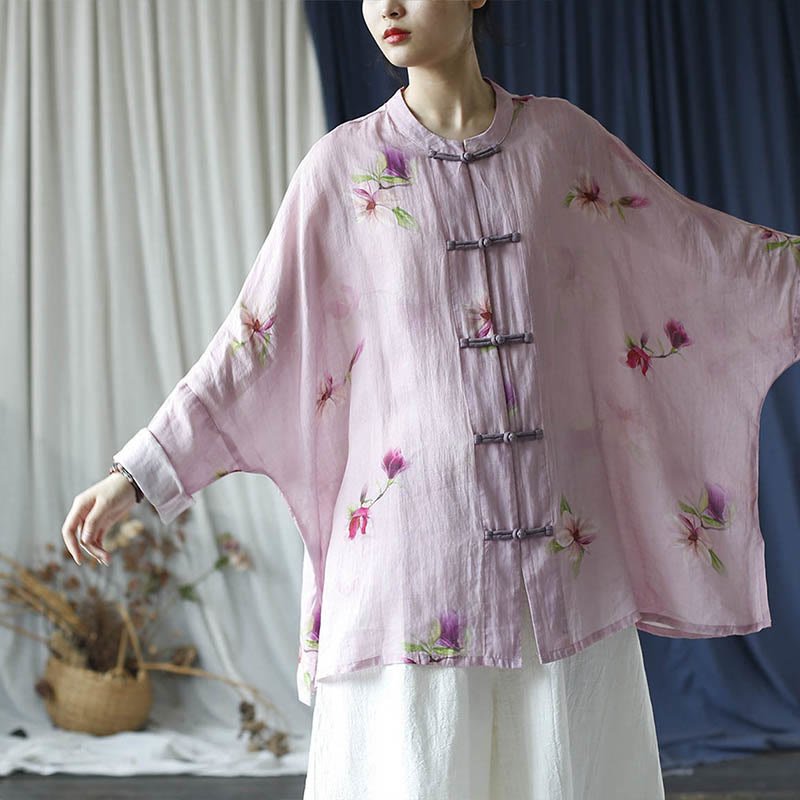 Buddha Stones Pink Flower Print Frog-button Design Batwing Long Sleeve Ramie Linen Jacket Shirt - image 22