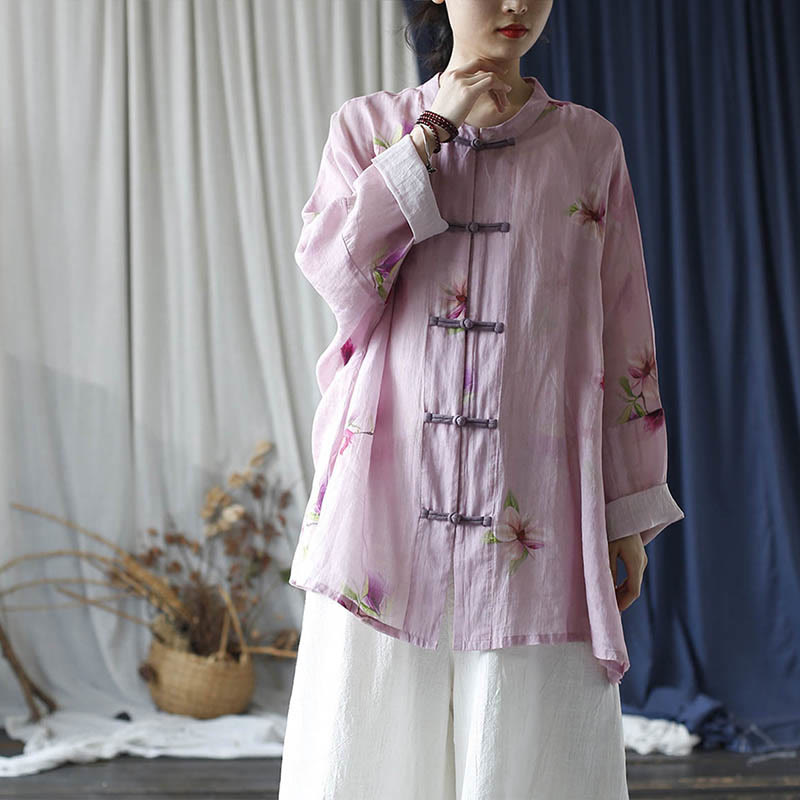Buddha Stones Pink Flower Print Frog-button Design Batwing Long Sleeve Ramie Linen Jacket Shirt - image 36