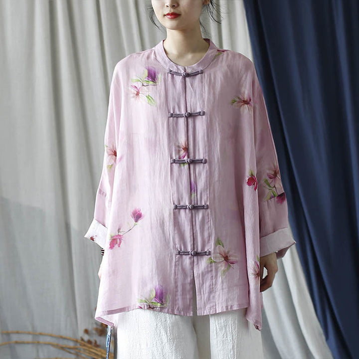 Buddha Stones Pink Flower Print Frog-button Design Batwing Long Sleeve Ramie Linen Jacket Shirt - image 33