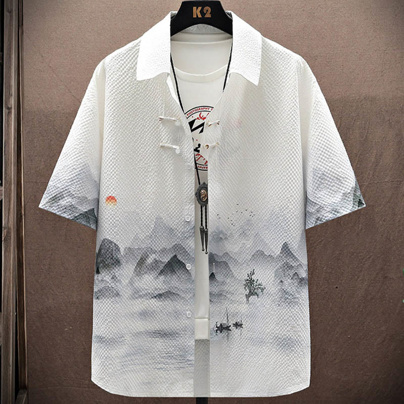 Buddha Stones Landscape Coconut Trees Magpie Pattern Short Sleeve Shorts Men's Set - image 2