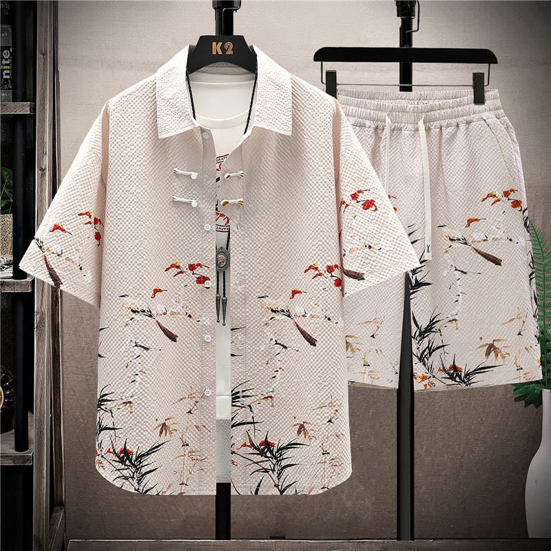 Buddha Stones Landscape Coconut Trees Magpie Pattern Short Sleeve Shorts Men's Set - Beige Magpie(Shirt&Shorts) - US/UK/AU44,EU54 (4XL) - image 13