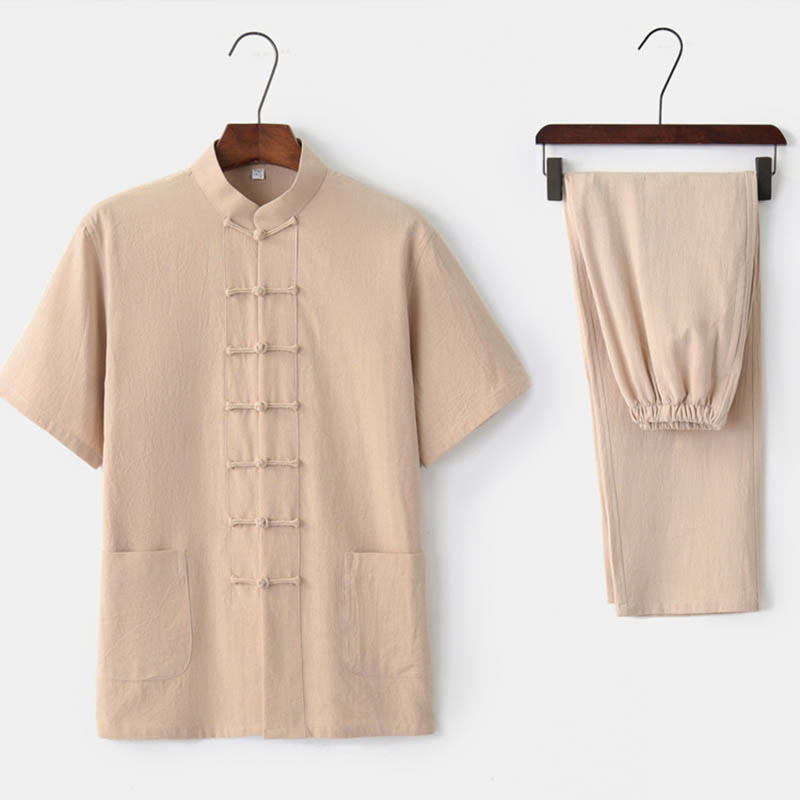 Buddha Stones Solid Color Frog-Button Tang Suit Traditional Cotton Linen Short Sleeve Top Pants Clothing Men's Set - Beige(Top&Pants) - US/UK/AU44,EU54 (4XL)  - image 8