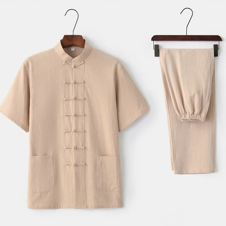 Buddha Stones Solid Color Frog-Button Tang Suit Traditional Cotton Linen Short Sleeve Top Pants Clothing Men's Set - Beige(Top&Pants) - US/UK/AU44,EU54 (4XL)  - image 8