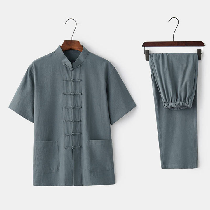 Buddha Stones Solid Color Frog-Button Tang Suit Traditional Cotton Linen Short Sleeve Top Pants Clothing Men's Set - Gray Green(Top&Pants) - US/UK/AU44,EU54 (4XL)  - image 0