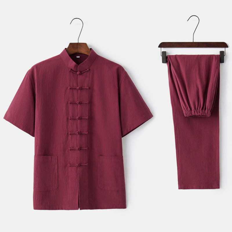 Buddha Stones Solid Color Frog-Button Tang Suit Traditional Cotton Linen Short Sleeve Top Pants Clothing Men's Set - Red(Top&Pants) - US/UK/AU44,EU54 (4XL)  - image 9