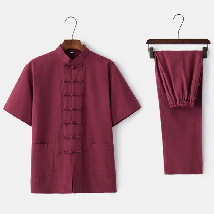 Buddha Stones Solid Color Frog-Button Tang Suit Traditional Cotton Linen Short Sleeve Top Pants Clothing Men's Set - Red(Top&Pants) - US/UK/AU44,EU54 (4XL)  - image 9