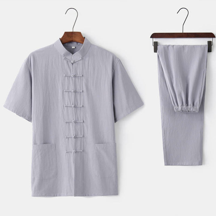 Buddha Stones Solid Color Frog-Button Tang Suit Traditional Cotton Linen Short Sleeve Top Pants Clothing Men's Set - Gray(Top&Pants) - US/UK/AU44,EU54 (4XL)  - image 2