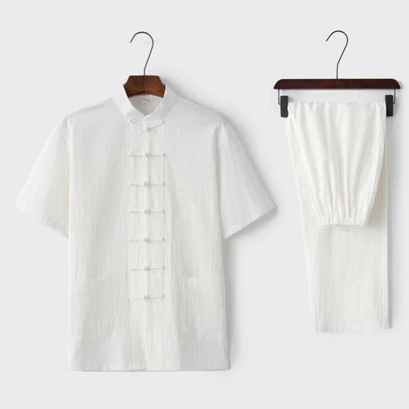 Buddha Stones Solid Color Frog-Button Tang Suit Traditional Cotton Linen Short Sleeve Top Pants Clothing Men's Set - White(Top&Pants) - US/UK/AU44,EU54 (4XL)  - image 5