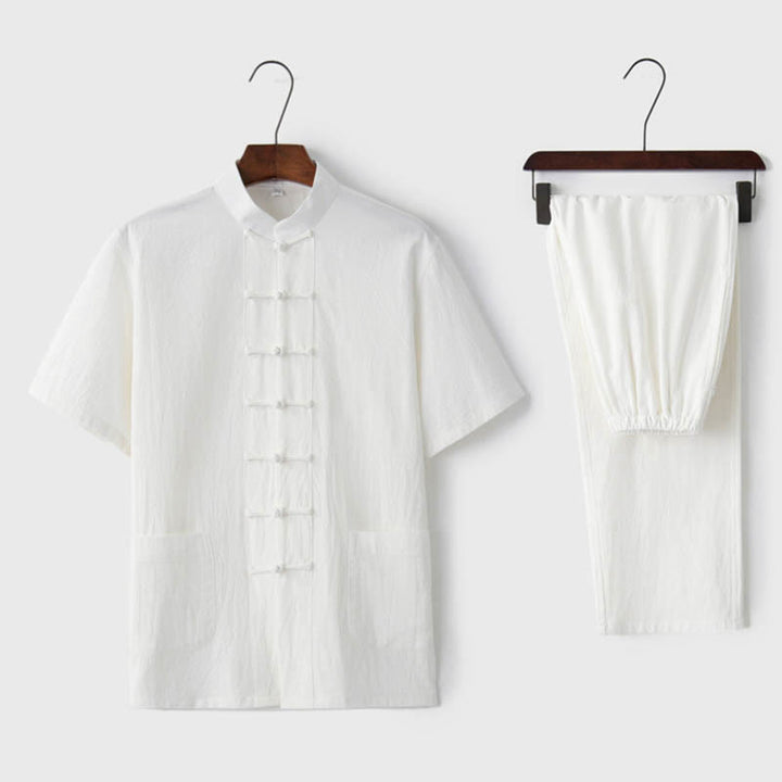 Buddha Stones Solid Color Frog-Button Tang Suit Traditional Cotton Linen Short Sleeve Top Pants Clothing Men's Set - White(Top&Pants) - US/UK/AU44,EU54 (4XL)  - image 5
