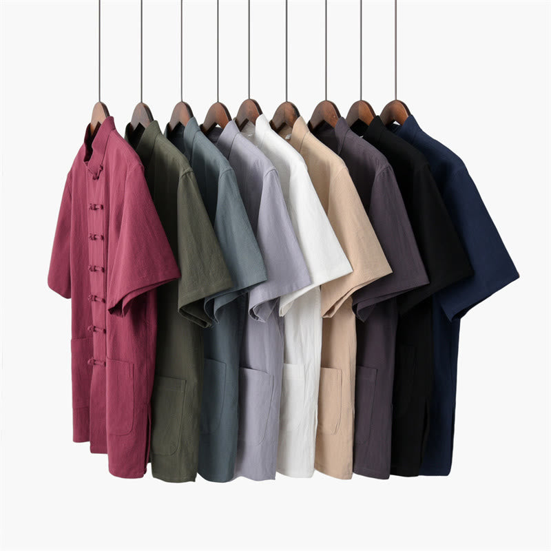 Buddha Stones Solid Color Frog-Button Tang Suit Traditional Cotton Linen Short Sleeve Top Pants Clothing Men's Set - image 1