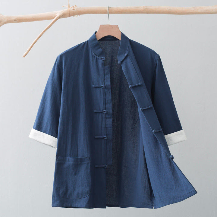 Buddha Stones Frog-Button Chinese Tang Suit Half Sleeve Shirt Cotton Men Clothing With Pockets - Navy Blue - US/UK/AU44,EU54 (4XL) - image 16