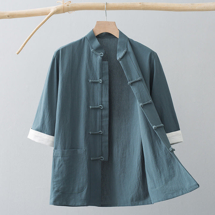 Buddha Stones Frog-Button Chinese Tang Suit Half Sleeve Shirt Cotton Men Clothing With Pockets - Gray Green - US/UK/AU44,EU54 (4XL) - image 2