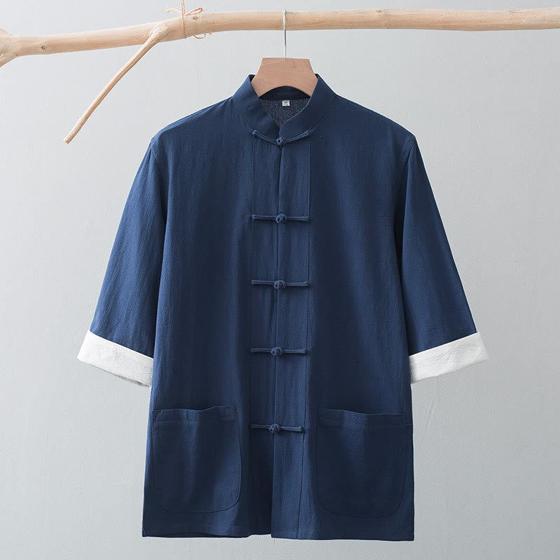 Buddha Stones Frog-Button Chinese Tang Suit Half Sleeve Shirt Cotton Men Clothing With Pockets - image 17