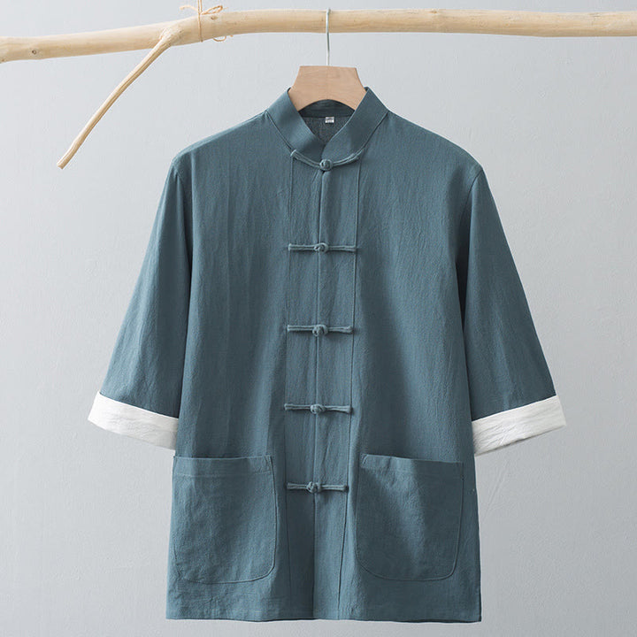 Buddha Stones Frog-Button Chinese Tang Suit Half Sleeve Shirt Cotton Men Clothing With Pockets - image 3