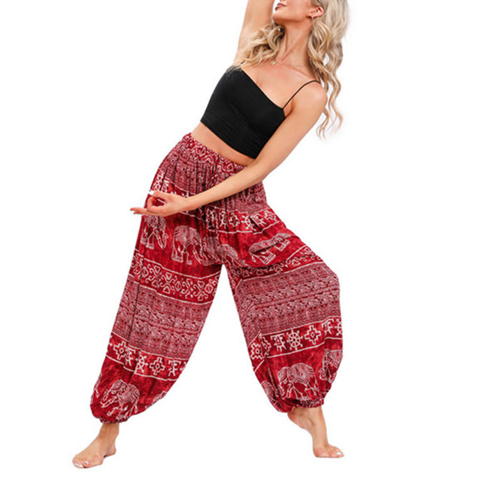 Buddha Stones Elephant Geometry Pattern Casual Loose Harem Trousers Women's Yoga Pants - Red-US4-8/10,UK/AU8-12/14,EU36-40/42 (F) - image 2