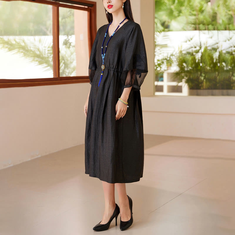 Buddha Stones 100% Mulberry Xiangyunsha Silk 35 Momme Solid Color V-Neck Midi Dress With Pockets