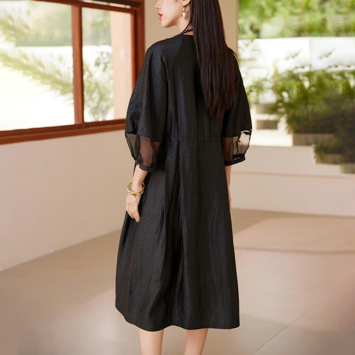 Buddha Stones 100% Mulberry Xiangyunsha Silk 35 Momme Solid Color V-Neck Midi Dress With Pockets