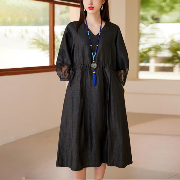 Buddha Stones 100% Mulberry Xiangyunsha Silk 35 Momme Solid Color V-Neck Midi Dress With Pockets