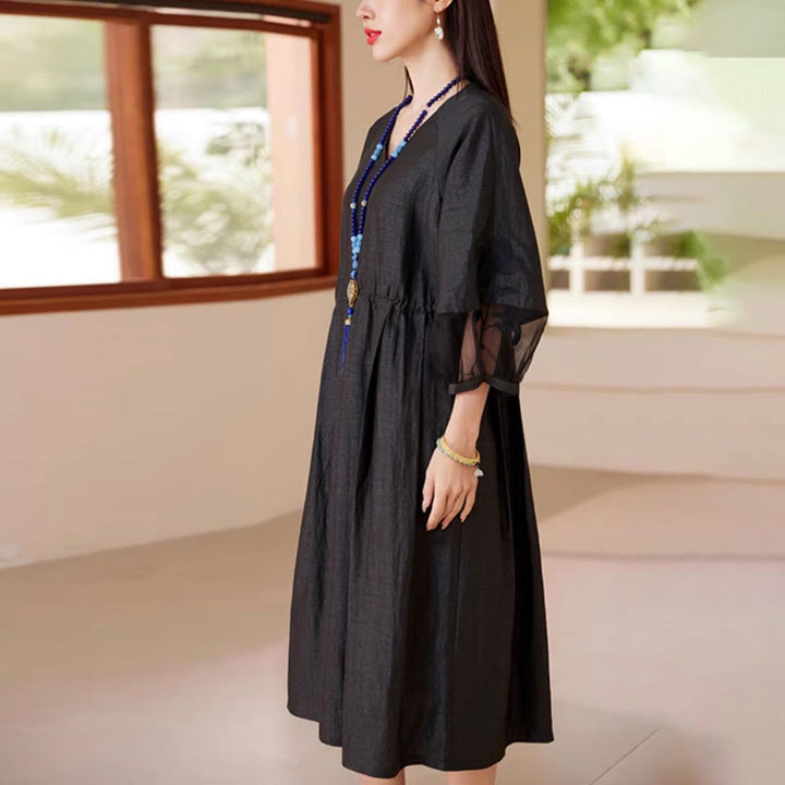 Buddha Stones 100% Mulberry Xiangyunsha Silk 35 Momme Solid Color V-Neck Midi Dress With Pockets