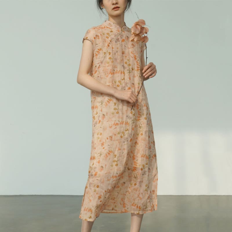 Buddha Stones Green Ocean Waves Pink Flowers Print Cheongsam Midi Dress Short Sleeve Dress