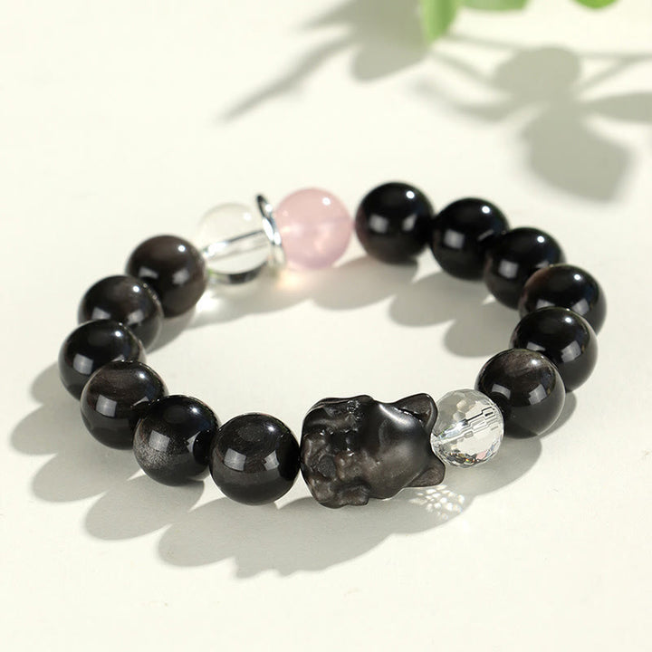 Buddha Stones Natural Silver Sheen Obsidian Cat Head Fox Planet Protection Bracelet - Silver Sheen Obsidian Fox(Wrist Circumference 14-16.5cm) - image 6