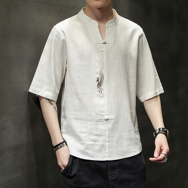 Buddha Stones Frog-Button Phoenix Embroidery Chinese Tang Suit Short Sleeve Shirt Cotton Linen Men Clothing - Snow - US/UK/AU46,EU56 (5XL) - image 1