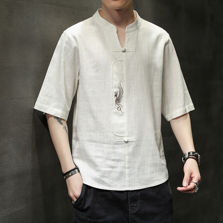 Buddha Stones Frog-Button Phoenix Embroidery Chinese Tang Suit Short Sleeve Shirt Cotton Linen Men Clothing - Snow - US/UK/AU46,EU56 (5XL) - image 1
