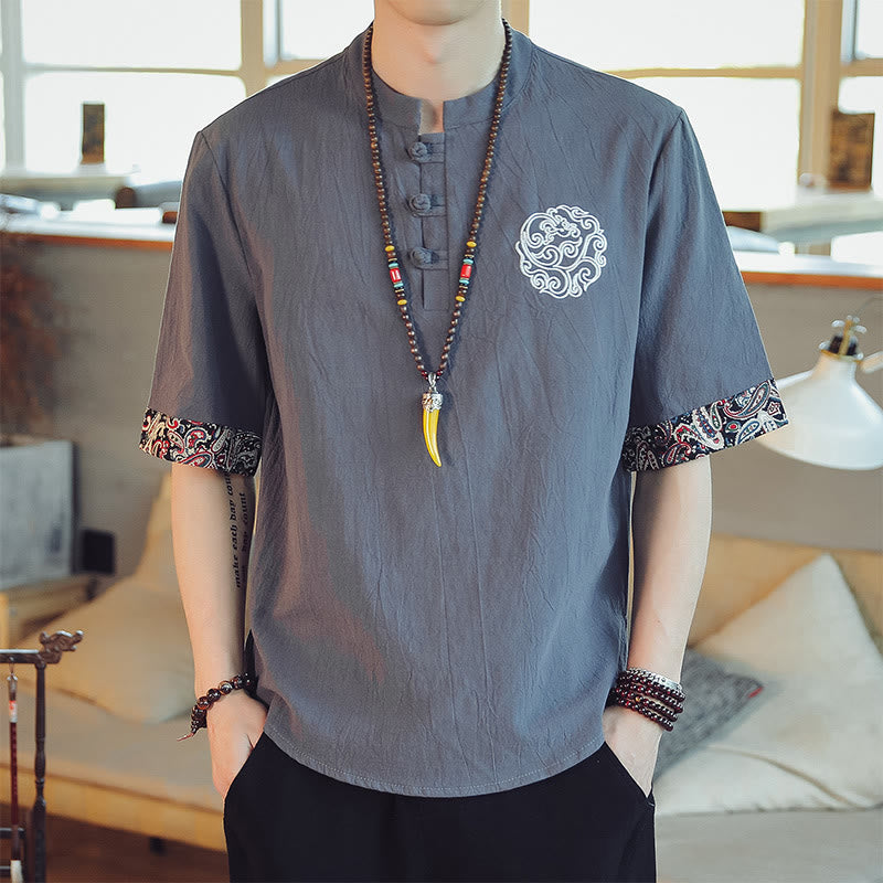 Buddha Stones Frog-Button Dragon Embroidery Chinese Tang Suit Short Sleeve Shirt Linen Men Clothing - Gray - US/UK/AU46,EU56 (5XL)  - image 0