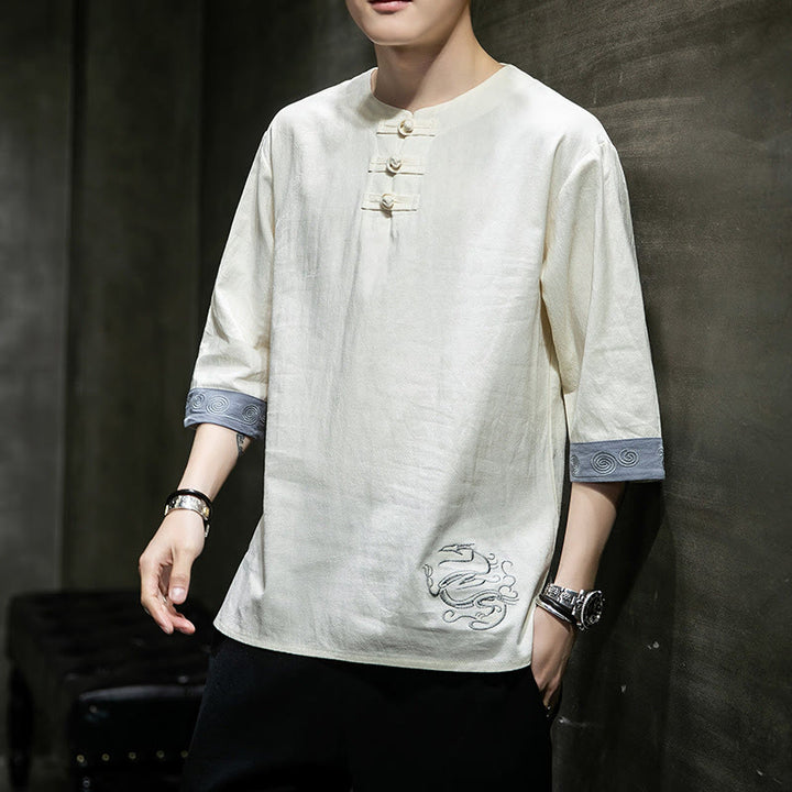 Buddha Stones Frog-Button Dragon Embroidery Chinese Tang Suit Three Quarter Sleeve Shirt Cotton Linen Men Clothing - Snow - US/UK/AU46,EU56 (5XL)  - image 0