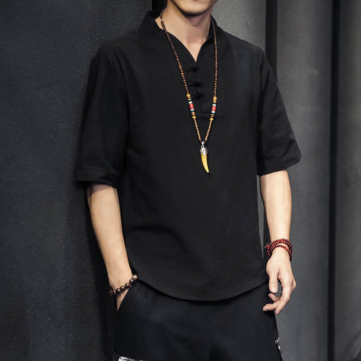 Buddha Stones Casual Summer Half Sleeve Shirt Cotton Men Clothing - Black - US/UK/AU46,EU56 (5XL) - image 9