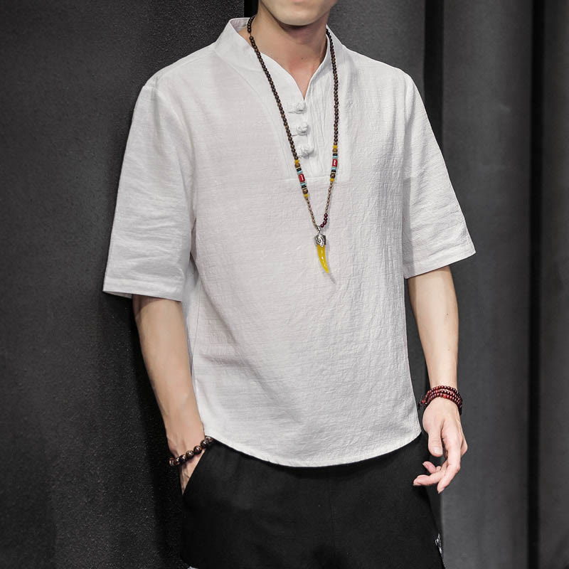 Buddha Stones Casual Summer Half Sleeve Shirt Cotton Men Clothing - White - US/UK/AU46,EU56 (5XL) - image 1