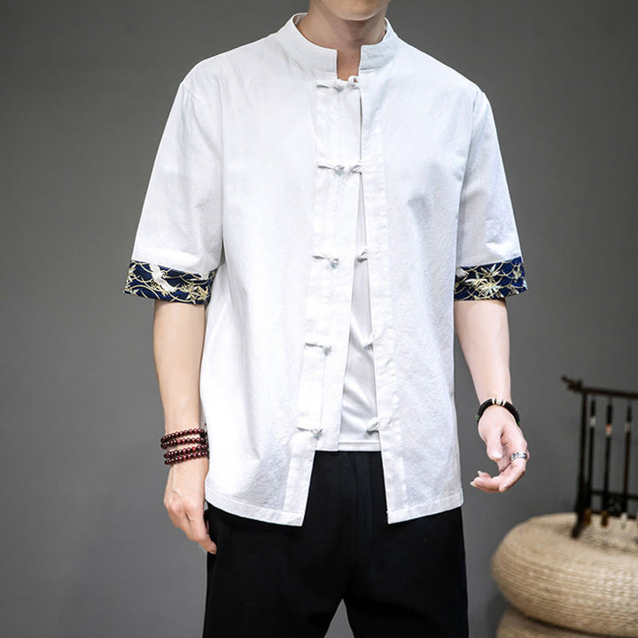 Buddha Stones Frog-Button Chinese Tang Suit Half Sleeve Crane Shirt Linen Men Clothing - image 3
