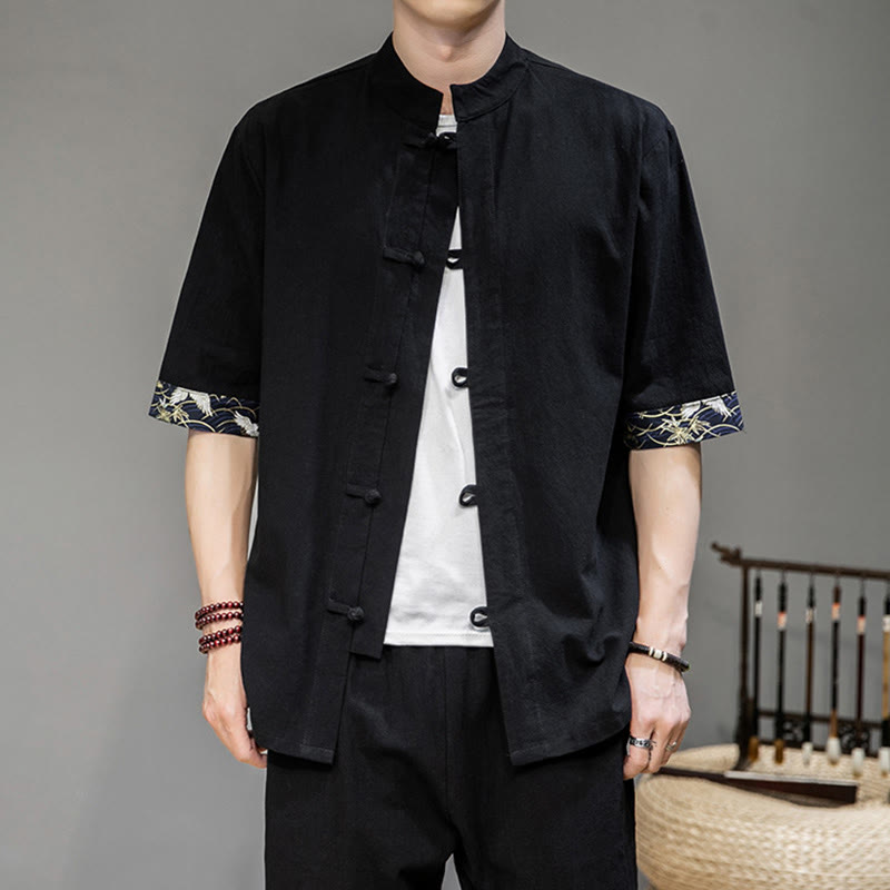 Buddha Stones Frog-Button Chinese Tang Suit Half Sleeve Crane Shirt Linen Men Clothing - image 5