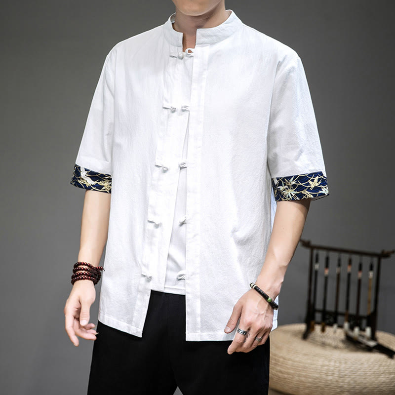 Buddha Stones Frog-Button Chinese Tang Suit Half Sleeve Crane Shirt Linen Men Clothing - White - US/UK/AU46,EU56 (5XL) - image 1