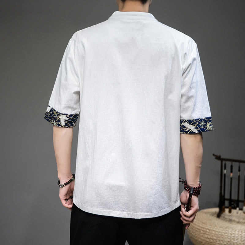 Buddha Stones Frog-Button Chinese Tang Suit Half Sleeve Crane Shirt Linen Men Clothing - image 2